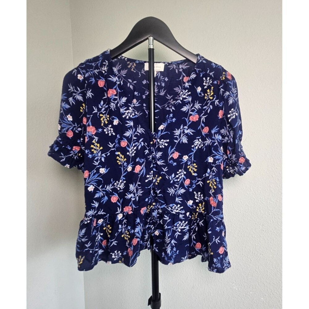 Lucky Brand Floral Peplum Top XS Navy Blue Boho Blouse Short Sleeve Jeans Office